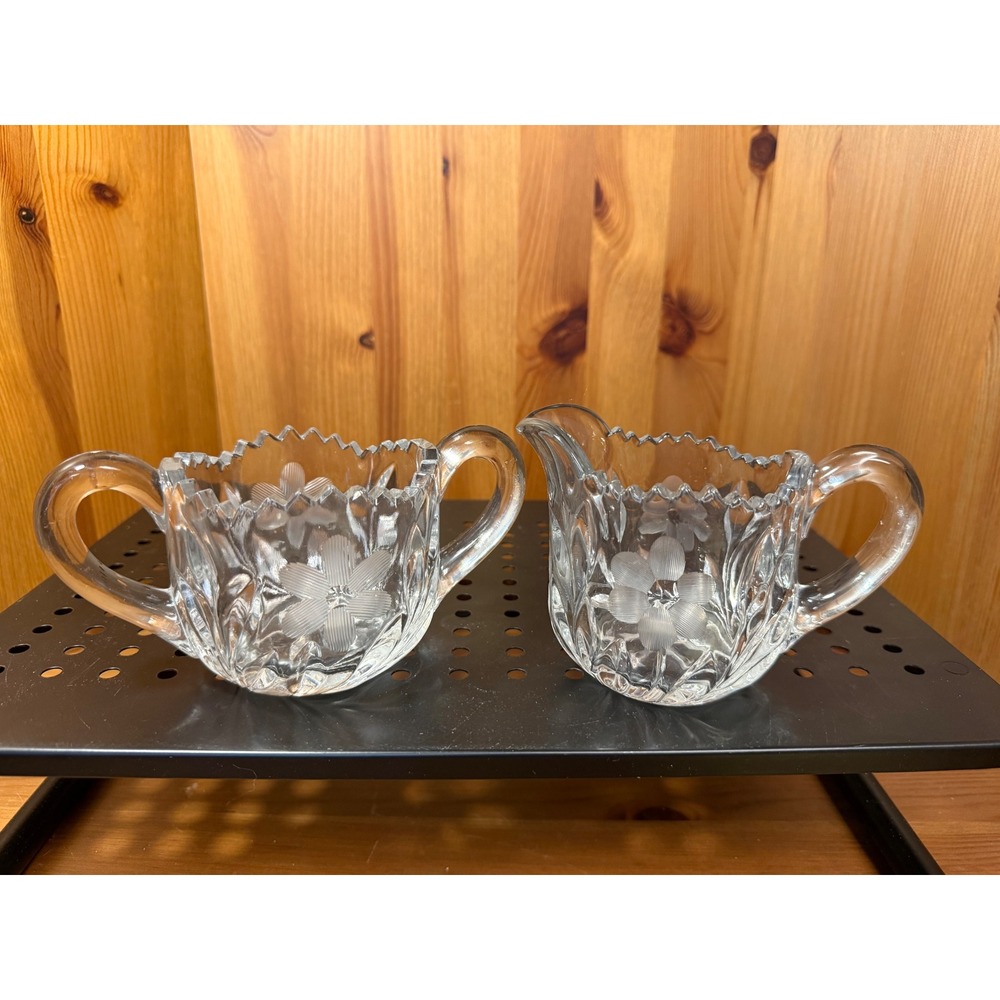 Vintage Clear Pressed Glass Creamer & Sugar Bowl Floral Etched Set